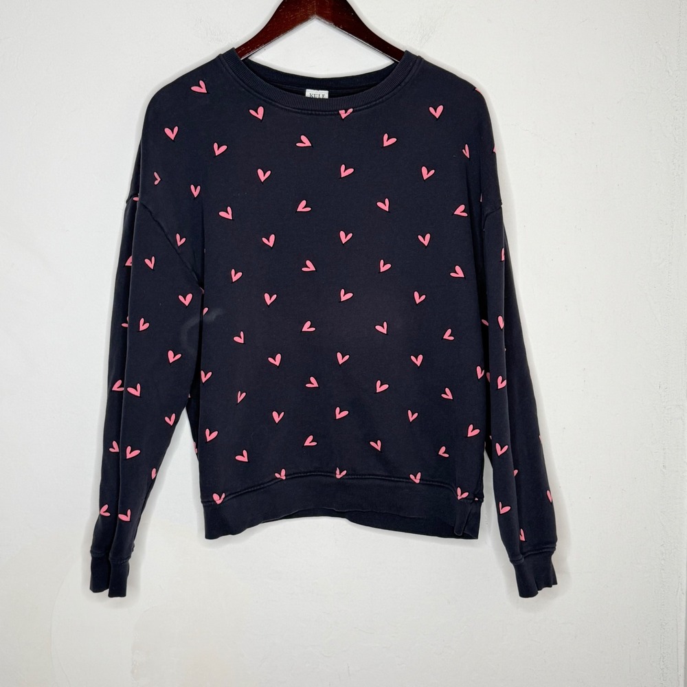 KULE Heart Print Sweatshirt M Navy Blue Pink Organic Cotton Preppy Romantic
